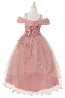 Girls Dress Style 1045 - Beautiful Off Shoulder Dress with Flower Lace Applique Details in Choice of